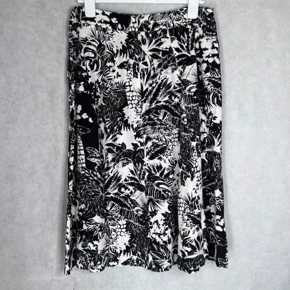 Grace Elements Linen Blend Black White Tropical Floral Midi Skirt Size 12‎